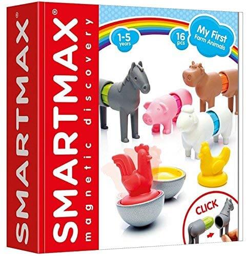 Red box featuring colorful magnetic farm animal toys that snap together, including a horse, pig, sheep, and rooster.