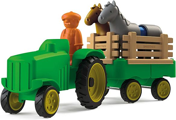 Green chunky toy tractor and trailer with an orange farmer figure and two horses, one grey and one brown.