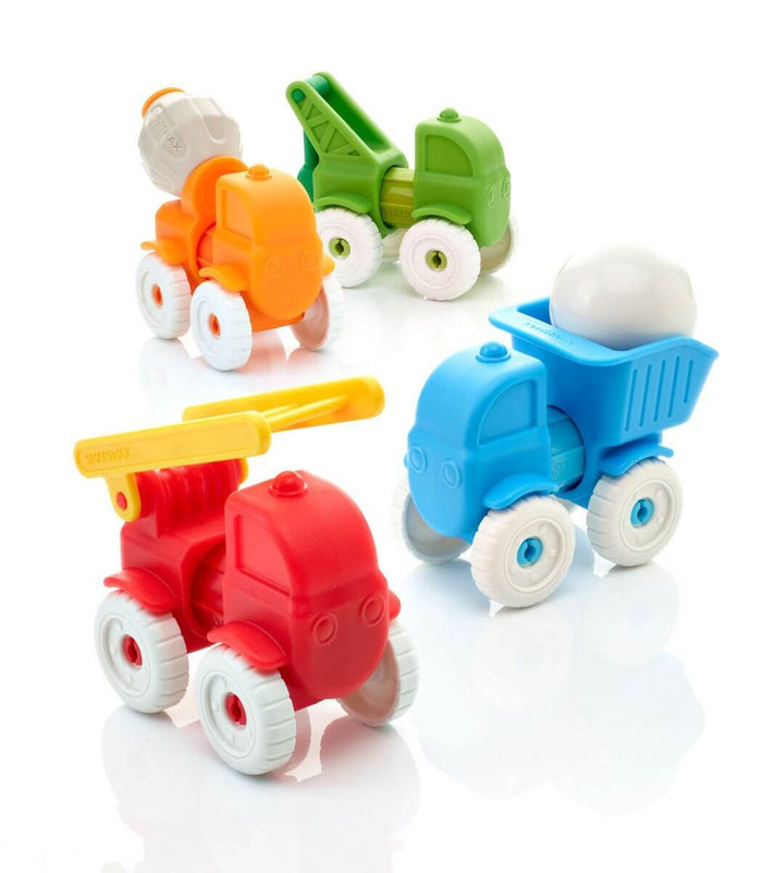 Four chunky, colorful toy construction vehicles in red, orange, blue, and green with large white wheels.