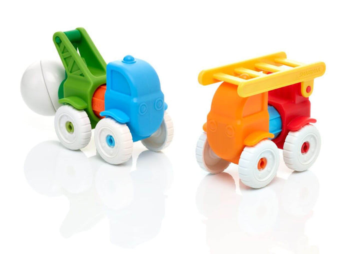 Colorful toy trucks: a blue and green crane truck and an orange and red fire truck with a yellow ladder.