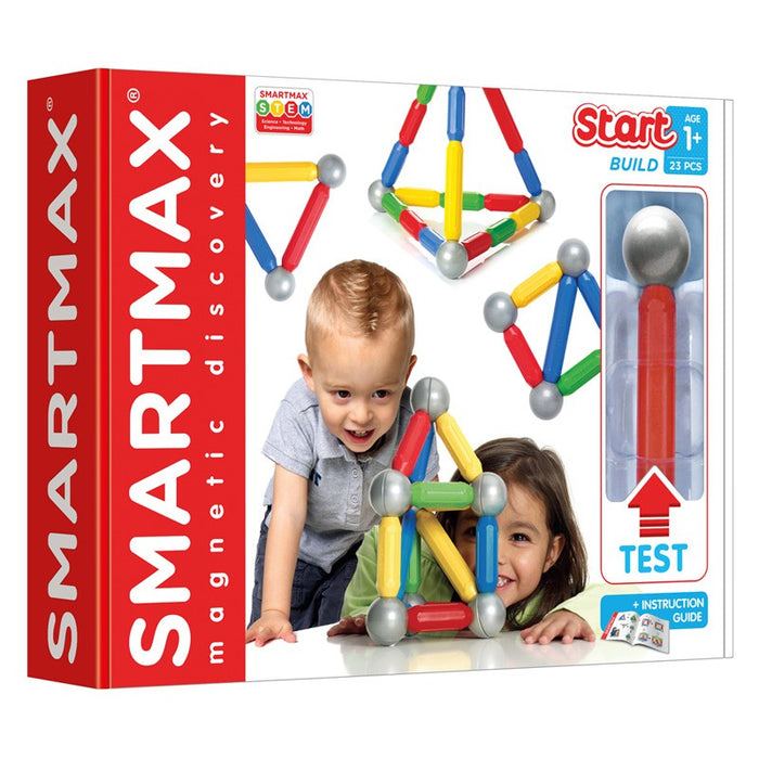 Colorful magnetic building toy box showing children constructing 3D shapes with rods and silver spheres.