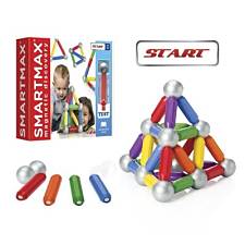Red SmartMax box next to colorful magnetic rods and silver spheres built into a pyramid shape.