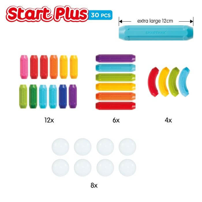 30 colorful magnetic building pieces: 12 short, 6 long, and 4 curved rods with 8 silver balls on a white background.