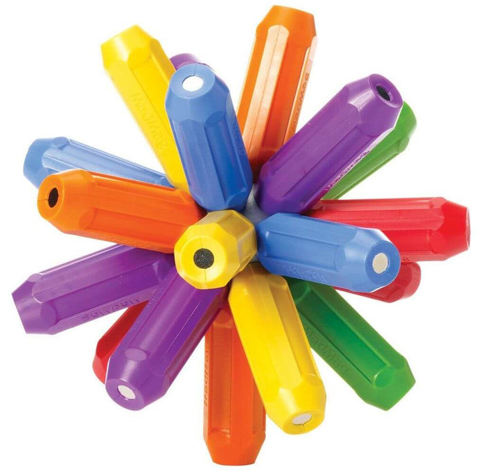 Rainbow-colored magnetic building rods arranged in a starburst pattern around a central sphere.