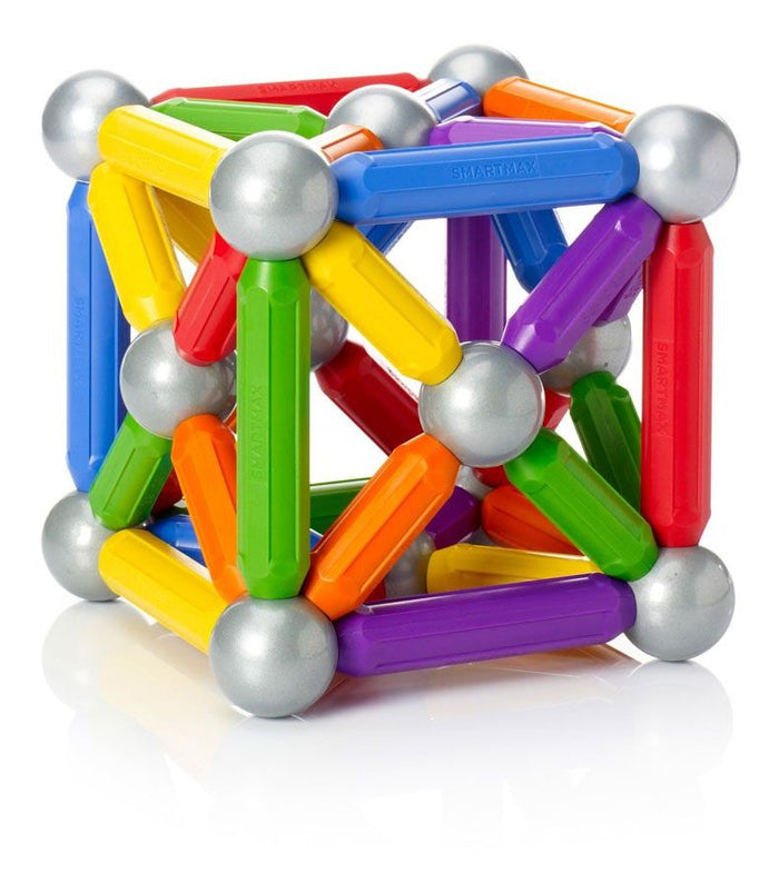Magnetic cube structure made of silver spheres and colorful rods in red, yellow, green, blue, and orange.