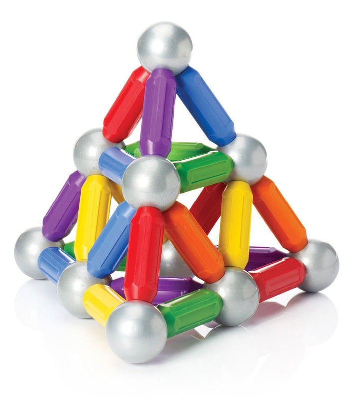 Colorful magnetic rods and silver spheres connected to form a 3D pyramid shape on a reflective white surface.