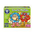 Green Orchard Toys box showing blue and red monsters wearing strawberry and tiger-striped wellington boots.