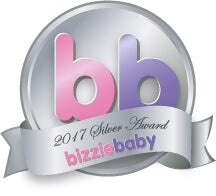 Silver 2017 bizziebaby Silver Award badge with pink and purple letters on a metallic silver circular seal.