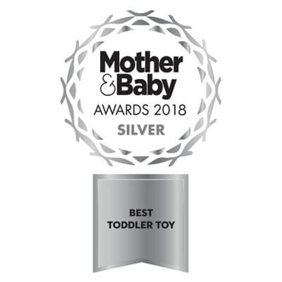 Mother & Baby Awards 2018 Silver winner logo for Best Toddler Toy, featuring a circular wreath and silver banner.