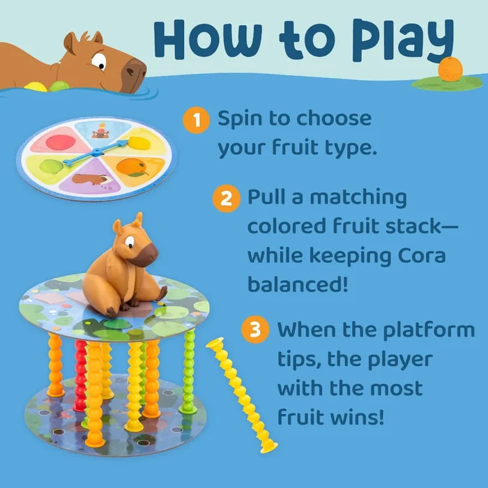 Instructional graphic with a spinner and capybara figure balancing on a platform held by colorful fruit bead stacks.
