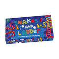 Blue rectangular box with colorful block lettering, snakes, ladders, game pieces, and dice illustrations.