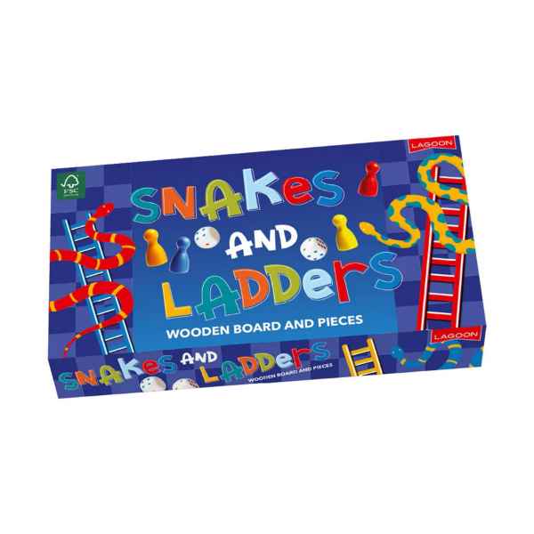 Blue rectangular box with colorful block lettering, snakes, ladders, game pieces, and dice illustrations.