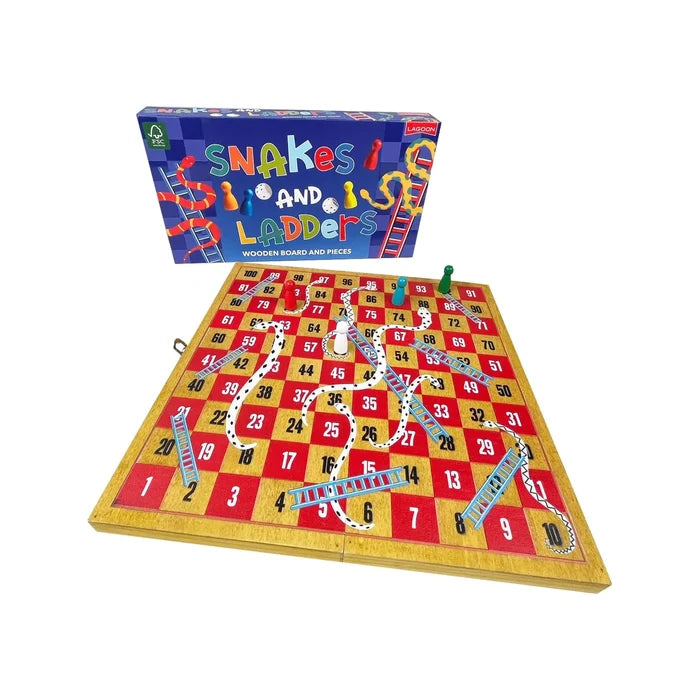 Folding wooden Snakes and Ladders set with a red and yellow grid board, colorful pieces, and blue storage box.