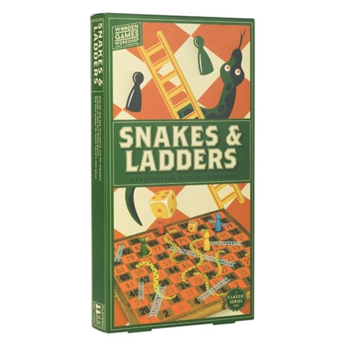 Tall green box with vintage snake and ladder illustrations above a photo of the wooden board game, pieces, and dice.