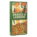 Tall green box with vintage snake and ladder illustrations above a photo of the wooden board game, pieces, and dice.
