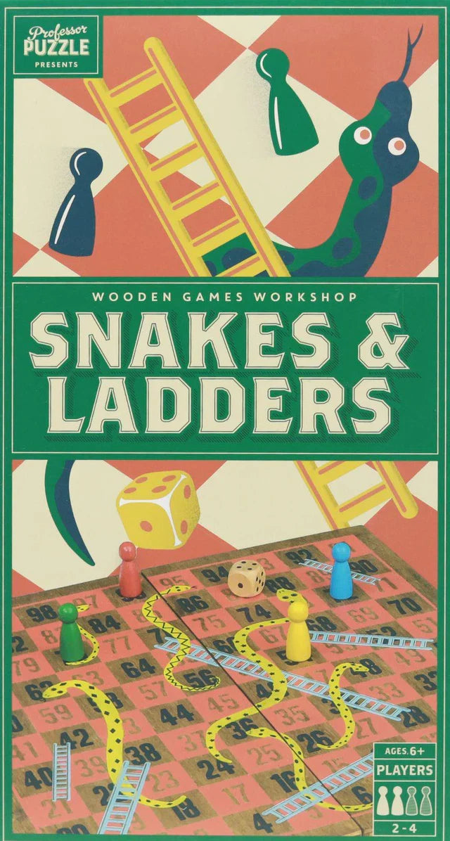 Wooden board game box featuring vintage green and red graphics, colorful numbered squares, game pawns, and a yellow die.