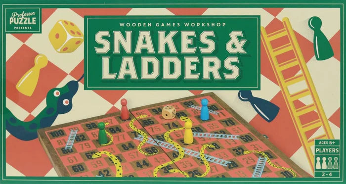 Vintage green Snakes and Ladders box with an illustration of the wooden board, colorful tokens, and dice.