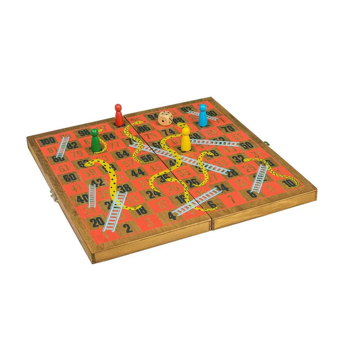 Folding wooden board game with numbered squares, four colored pawns, a wooden die, snakes, and silver ladders.