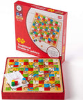 Colorful wooden board game featuring snakes and ladders, dice, and pegs, displayed with its bright red packaging.
