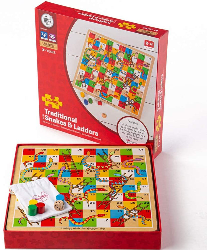 Colorful wooden board game featuring snakes and ladders, dice, and pegs, displayed with its bright red packaging.