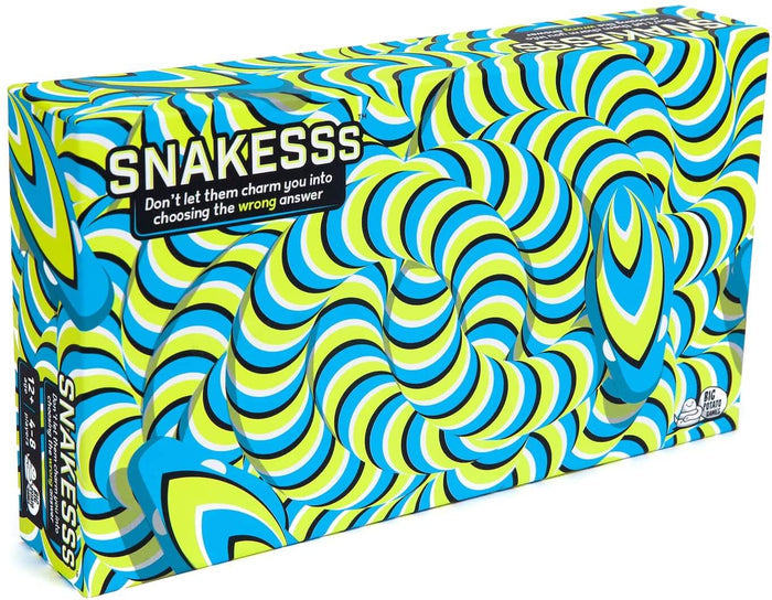Rectangular game box with a neon green, blue, and black swirling optical illusion pattern and bold SNAKESSS title.
