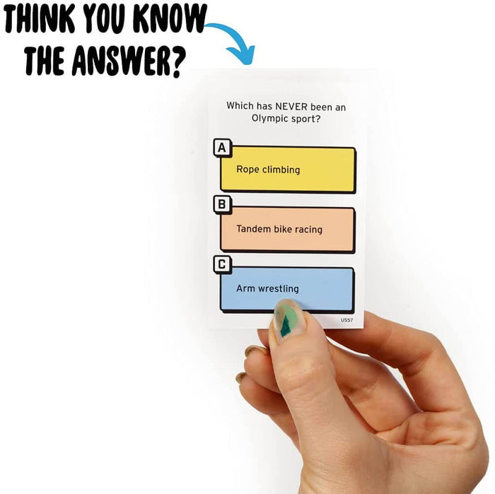 Hand holds a trivia card with 3 colorful multiple-choice options: rope climbing, tandem bike racing, and arm wrestling.