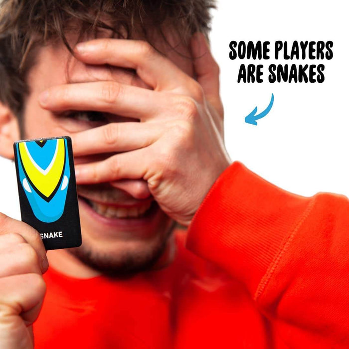 Man peeking through fingers, holding a snake card. Text reads SOME PLAYERS ARE SNAKES with a blue arrow.
