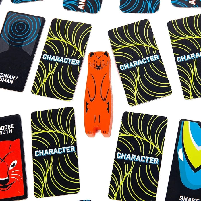 Orange wooden mongoose token surrounded by black character cards with yellow swirls and animal portraits.