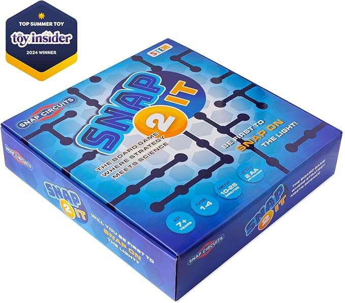 Blue board game box for Snap 2 It featuring circuit board graphics, a honeycomb pattern, and Toy Insider award seal.