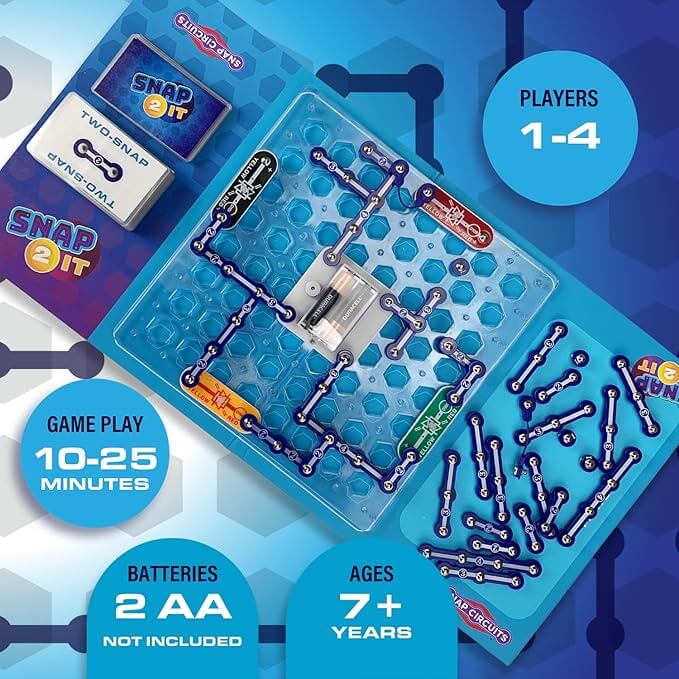 Snap 2 It board game showing a clear hexagonal grid with blue snap-on circuit pieces, cards, and game play info.
