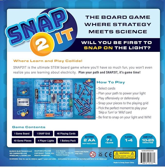 Back of game box with blue and white design showing a circuit board, game pieces, and instructions for a STEM game.