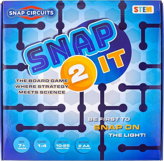 Blue game box with purple circuit graphics, a bold SNAP 2 IT title, orange circle logo, and STEM branding in the corner.