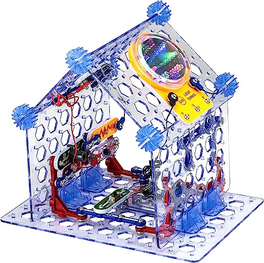 Transparent blue 3D toy house with a glowing multicolored light tunnel on the roof and internal circuit parts.