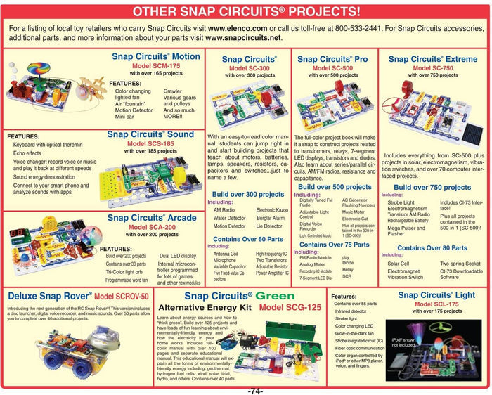 Colorful grid-style catalog page for Snap Circuits kits with photos of circuit boards, fans, lights, and motors.