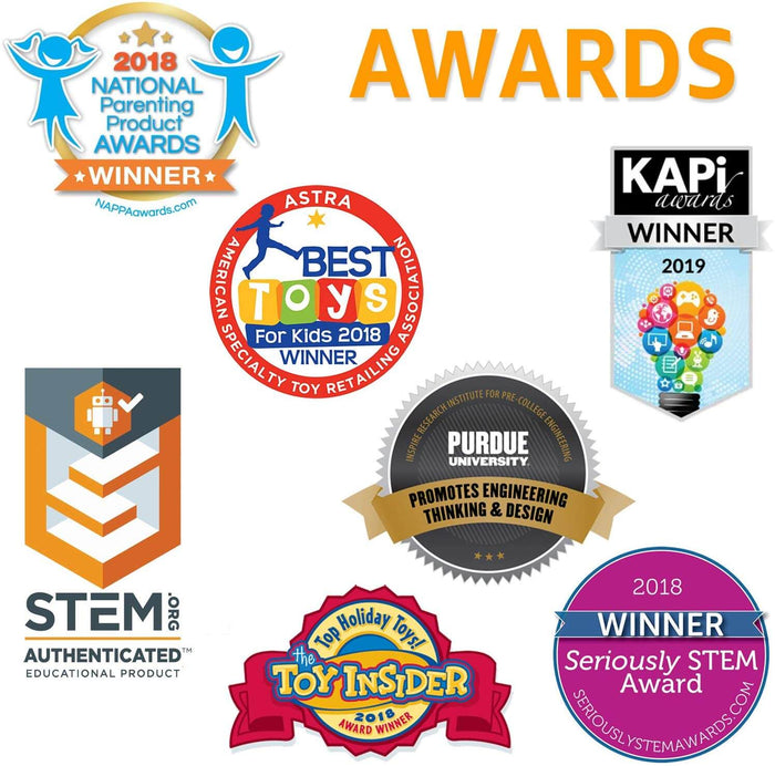 Collage of colorful circular and shield-shaped award seals from STEM.org, ASTRA, Purdue, and Toy Insider.