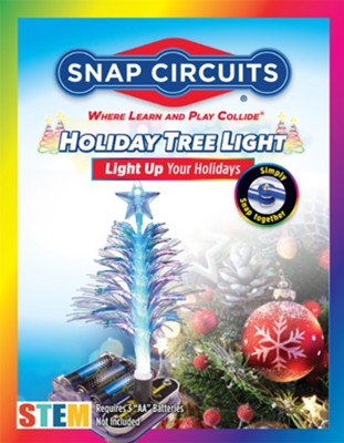 Product box for a fiber optic Christmas tree with a battery-powered base, blue star topper, and festive background.
