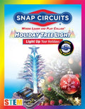 Product box for a fiber optic Christmas tree with a battery-powered base, blue star topper, and festive background.