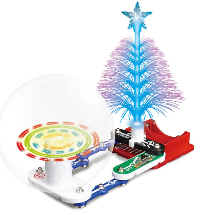 Light-up fiber optic tree and spinning LED globe on a colorful snap-together toy electronic circuit board.