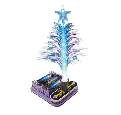 Fiber optic toy Christmas tree with blue star topper on a purple battery base with snap-together circuit pieces.