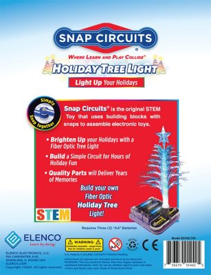 Snap Circuits box showing a blue glowing fiber optic tree on a snap-together circuit base with batteries and a star.