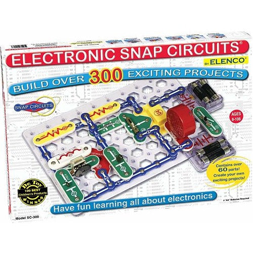 Snap Circuits SC-300 box art showing colorful electronic components snapped onto a white plastic circuit board grid.