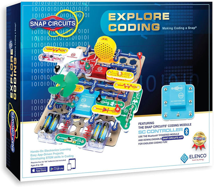 Blue box featuring a complex electronic circuit project with a green fan, yellow speaker, and binary code background.