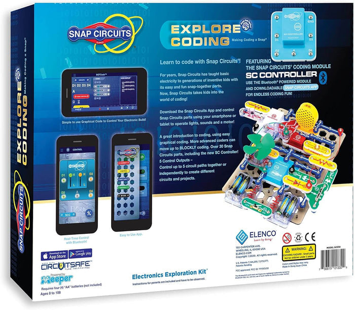 Back of blue Snap Circuits box showing mobile app screenshots and a complex electronic circuit with colorful parts.