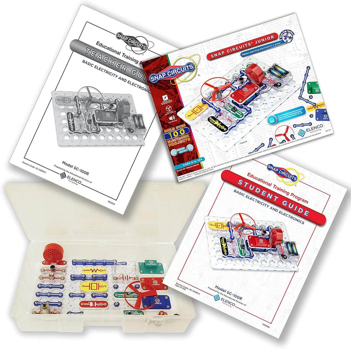 Snap Circuits kit with manuals, a project book, a clear base grid, and a case of colorful snap-together electronic parts.