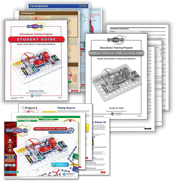 Product training program student and teacher guides, schematics, and quiz pages featuring Snap Circuits electronics kits.