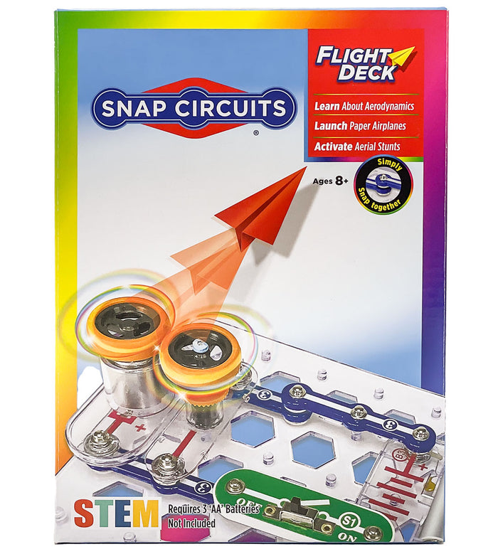 Toy packaging showing a circuit board with dual orange rotors launching a red paper airplane. Blue and white background.