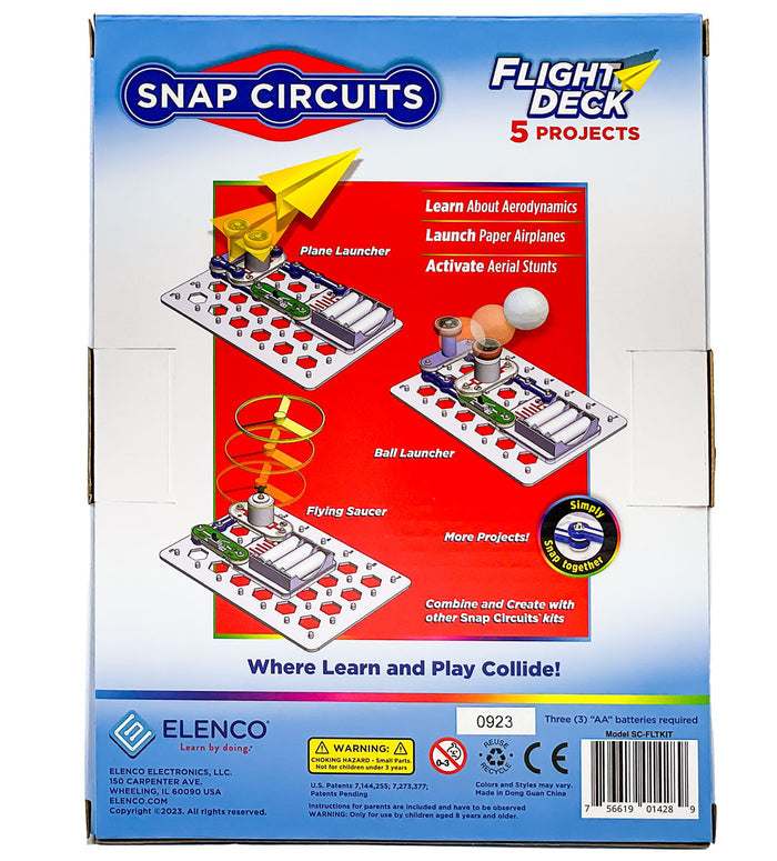 Blue and red toy box back with diagrams of a paper plane launcher, ball launcher, and flying saucer circuit projects.