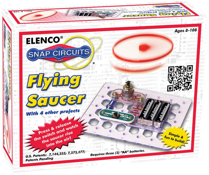 Snap Circuits box showing a clear circuit base with batteries, blue wires, and a red disc spinning in the air.