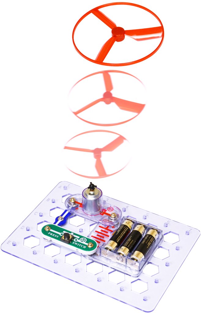 Orange propeller saucer launching from a circuit board base with batteries, a motor, and a green press switch.