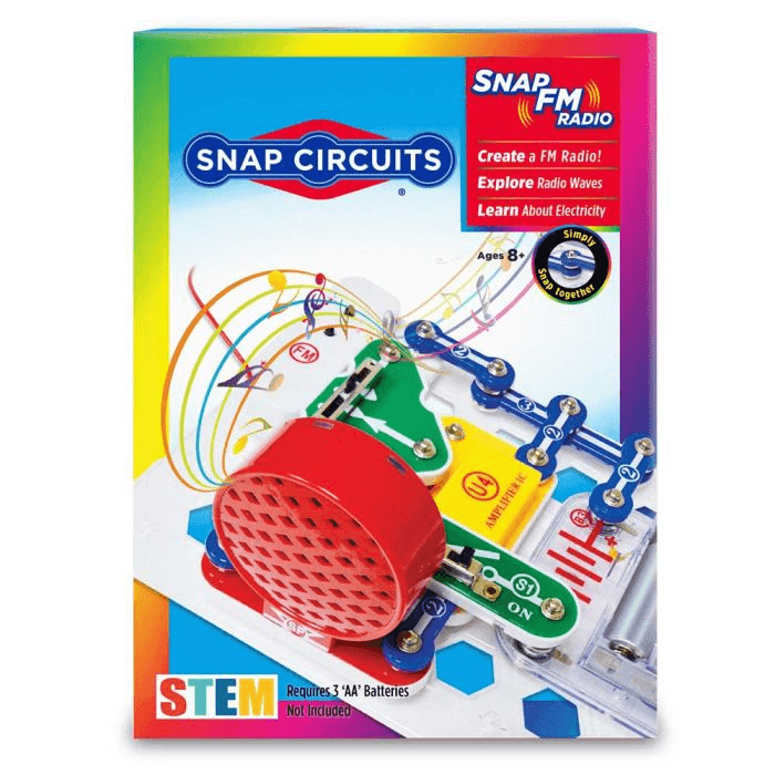 Packaging for a STEM radio kit showing a red speaker, green and blue circuit parts, and colorful musical notes.